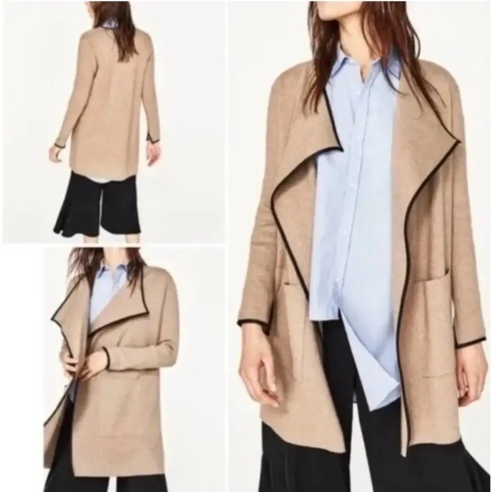 Zara Tan/Beige Oversized Knit Waterfall Open Front Cardigan Jacket Cape